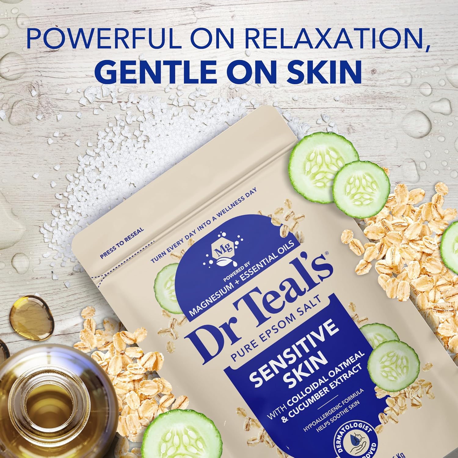 Dr Teal's Epsom Salt Magnesium Soak, Sensitive Skin with Colloidal Oatmeal & Cucumber Extract, 3 lbs