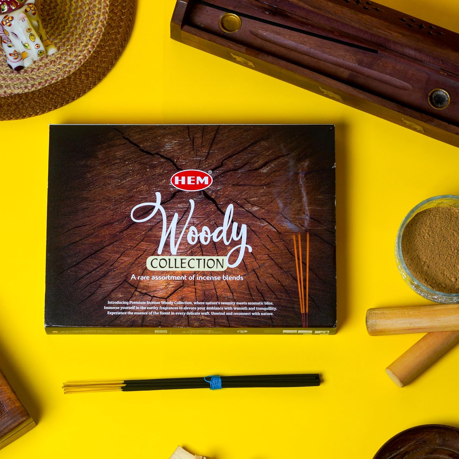 HEM Woody Series Premium Incense Sticks Combo | Sandalwood, Palo Santo, Forest, Feng Shui, Cedar & Madhur Chandan | 120 Sticks, 30-Minute Burn Time | Natural Aroma for Relaxation, Stress Relief