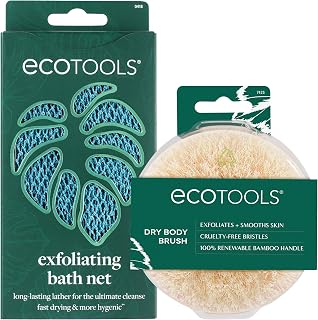 EcoTools Dry Body Brush for Circulation, Dead Skin Removal + Exfoliating Body Scrubber Bath Net, Inspired by The African Net Sponge, Self-Care Gifts, Natural Beige