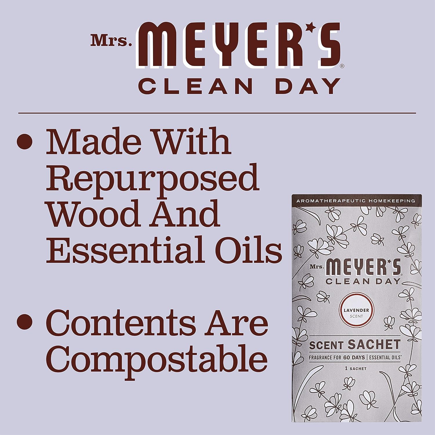 MRS. MEYER'S Clean Day Air Freshener Sachets, Fragrance for Your Locker, Car, Closet, and Gym Bag, Lavender, Pack of 3