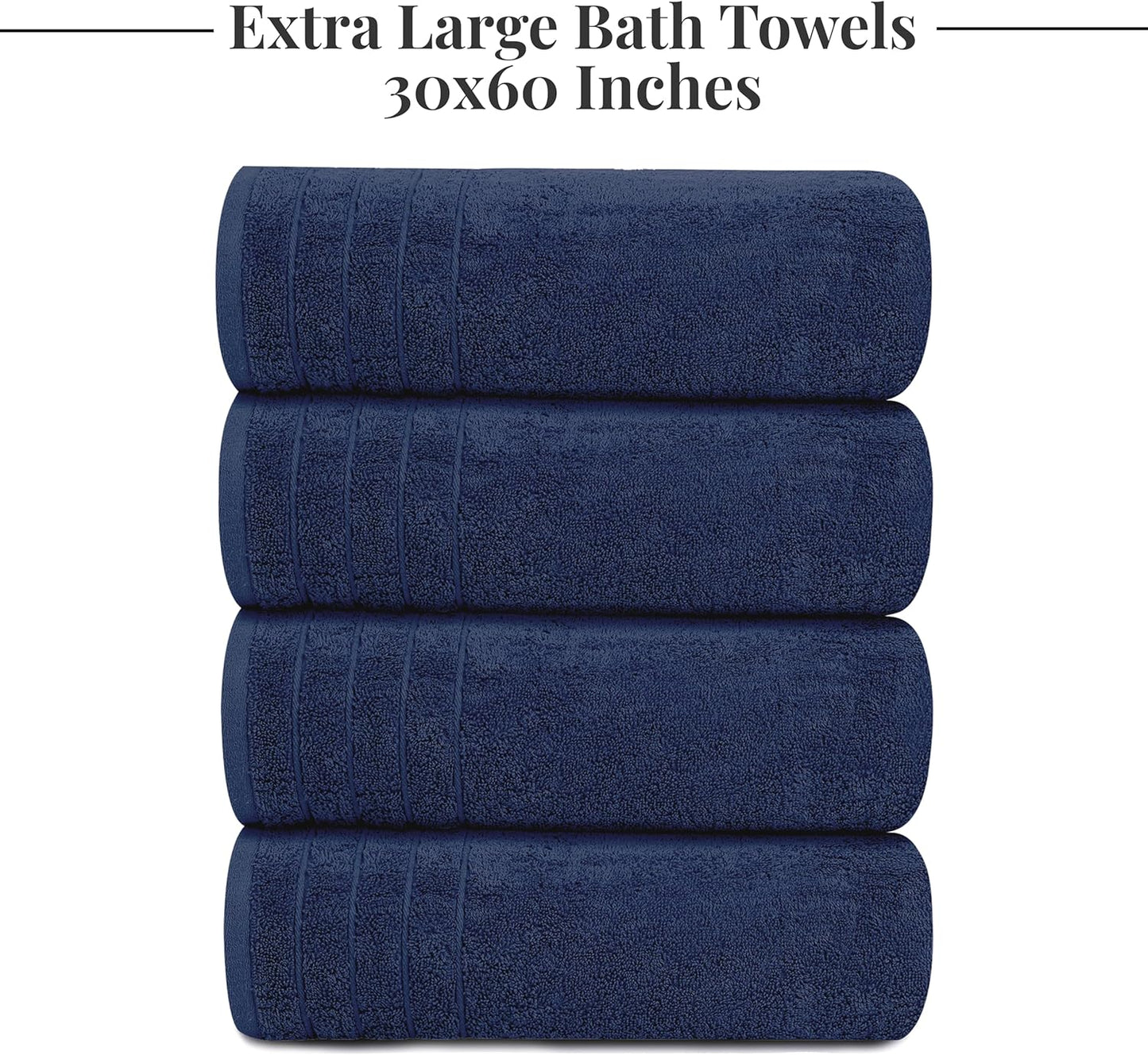 Tens Towels Pack of 4 Extra Large Bath Towels 30 x 60 Inches, 100% Cotton, Larger & Lighter Weight, Quicker to Dry, Super Soft and Absorbent, Perfect for Bathroom, Navy