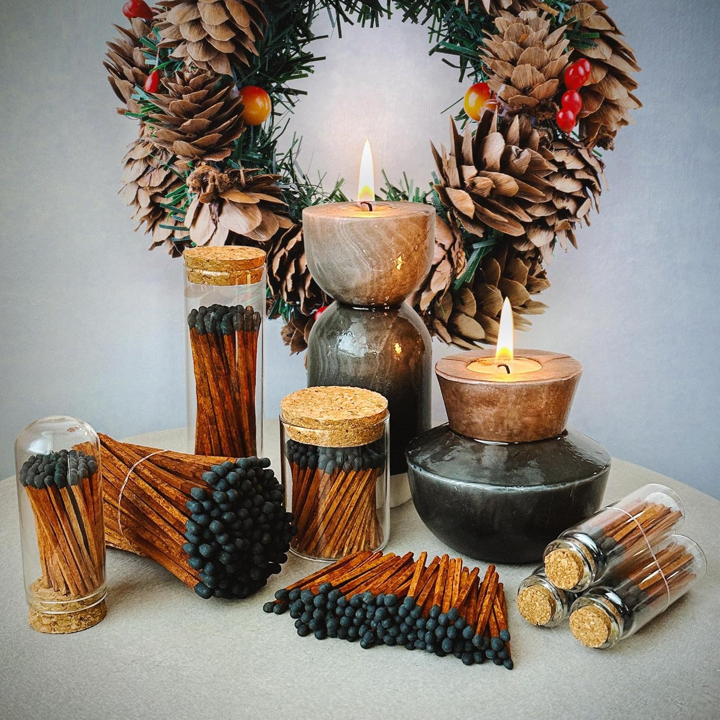 Decorative Matches in a Glass Jar | 4" Espresso Long Matches (100 match sticks) + Cork Top Glass Holder + Striker Stickers | Gifts, Décor, & Candle Accessories | by Thankful Greetings, USA