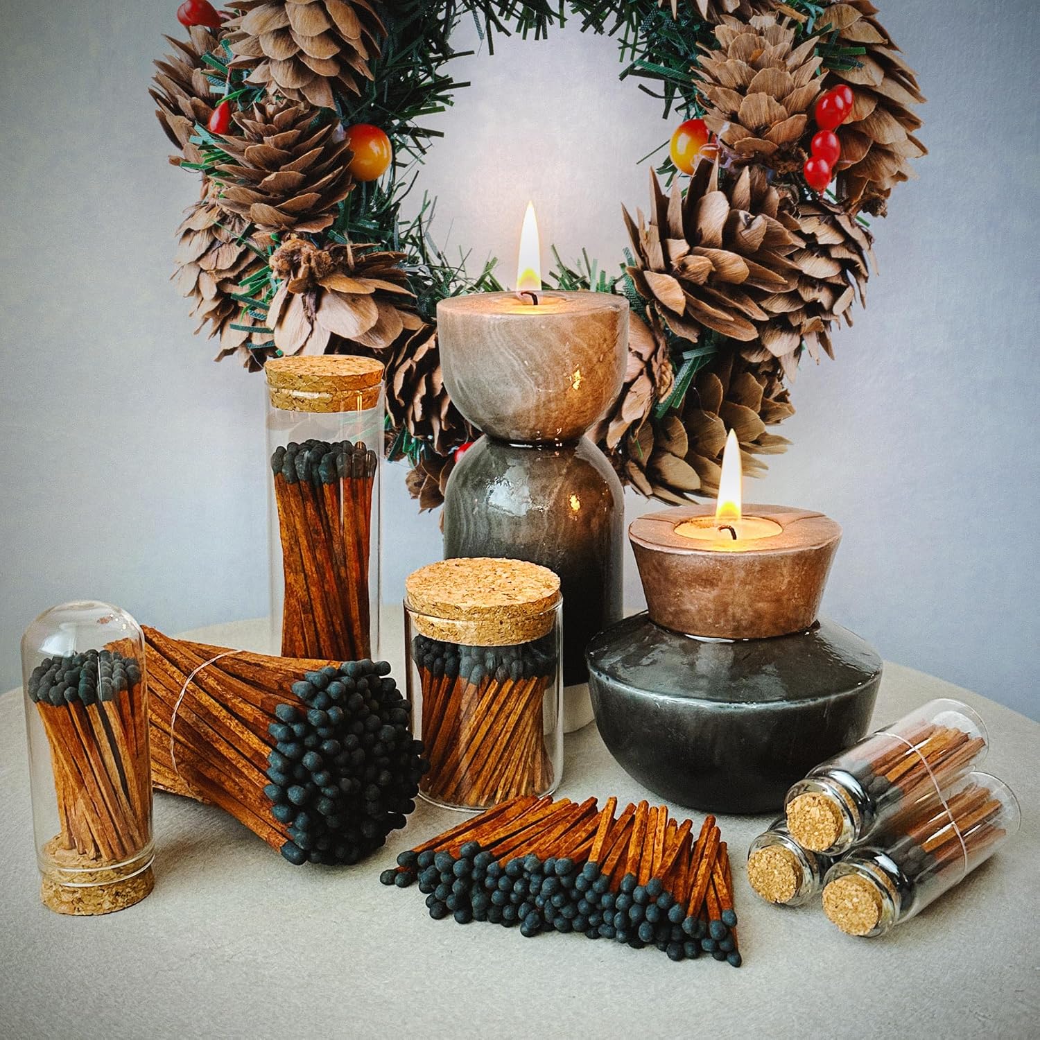 Decorative Matches in a Glass Jar | 4" Espresso Long Matches (100 match sticks) + Cork Top Glass Holder + Striker Stickers | Gifts, Décor, & Candle Accessories | by Thankful Greetings, USA