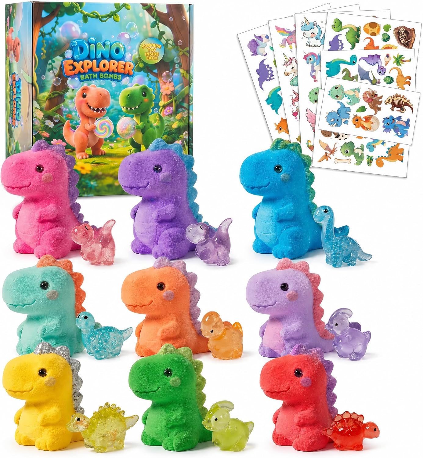 9 Pack Dinosaur Bath Bombs with Surprise Toys Inside for Kids - Natural & Gentle Fizzy with 9 Soothing Fruit Scents - Surprise Dino Bath Sets for Boys Girls, Birthday Gifts & Bedtime Relax