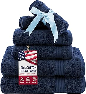American Veteran Towel, 6 Piece Towel Set for Bathroom, 100% Cotton Turkish Bathroom Towels, 2 Bath Towels 2 Hand Towels 2 Washcloths, Navy Blue
