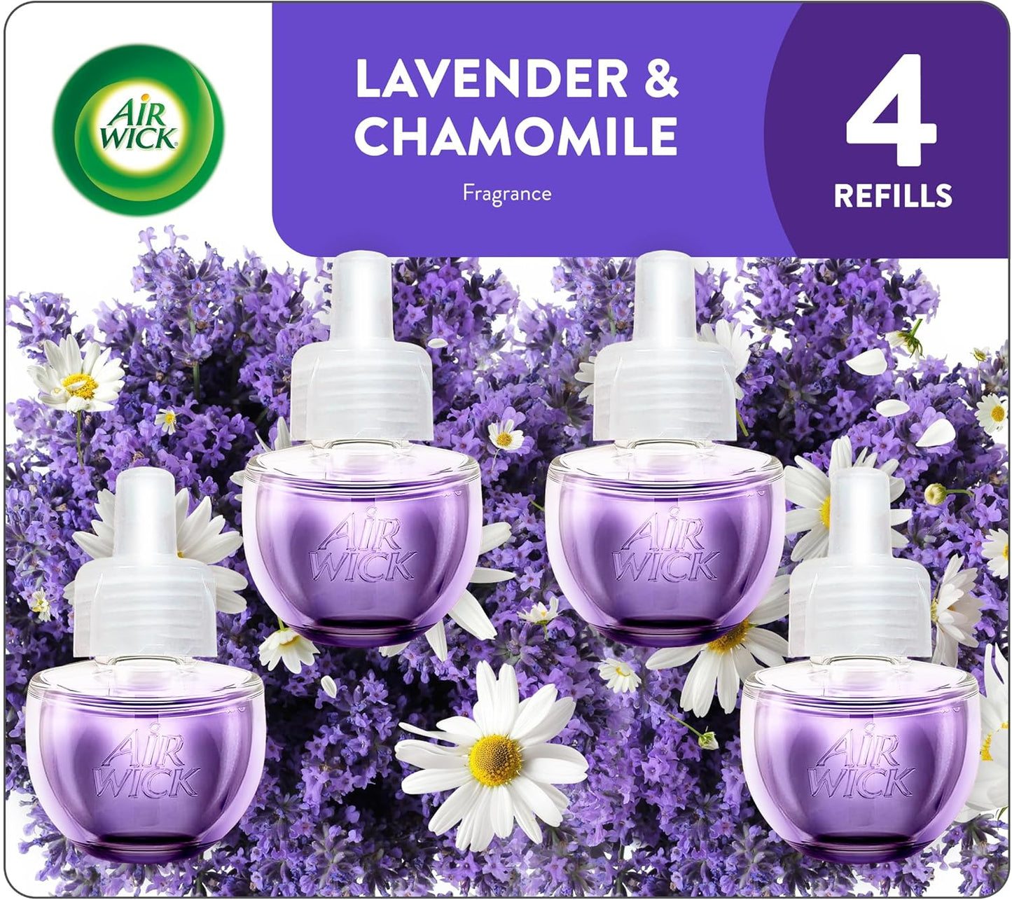 Air Wick Plug-In Scented Oil Refills, 4 Count, Lavender and Chamomile, Air Freshener, Essential Oils, Eco Friendly