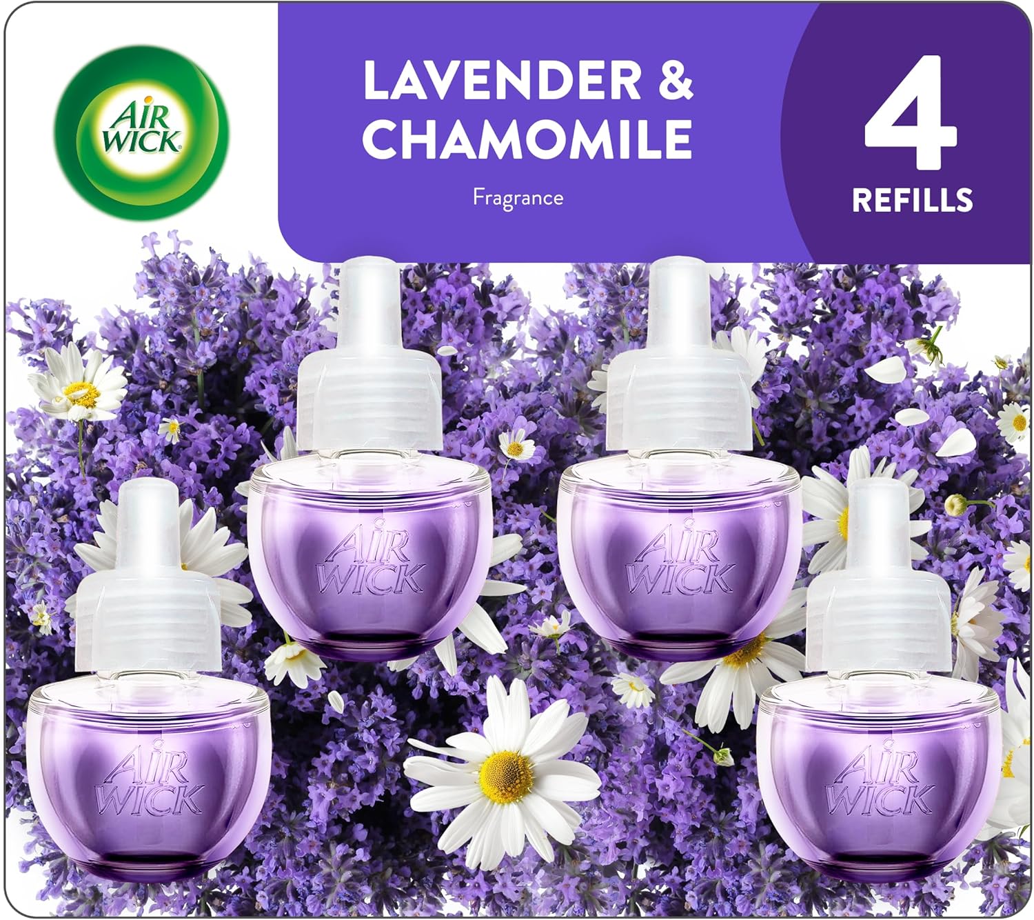 Air Wick Plug-In Scented Oil Refills, 4 Count, Lavender and Chamomile, Air Freshener, Essential Oils, Eco Friendly