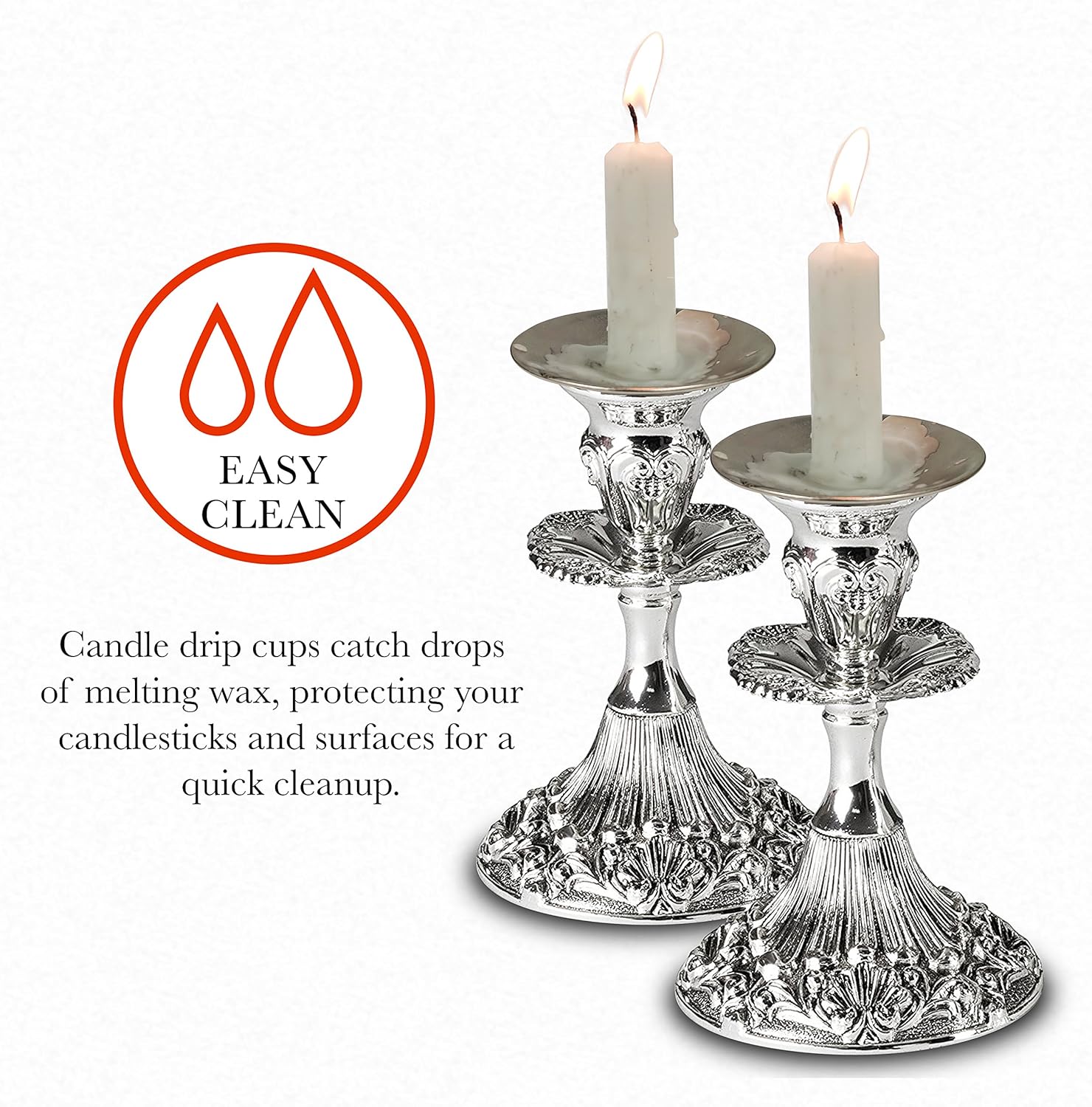 Ner Mitzvah Reusable Metal Candlestick Liners and Drip Guards - Medium Nickel Plated Candle Holder Protector Bobeches - Silver - 2 Pack