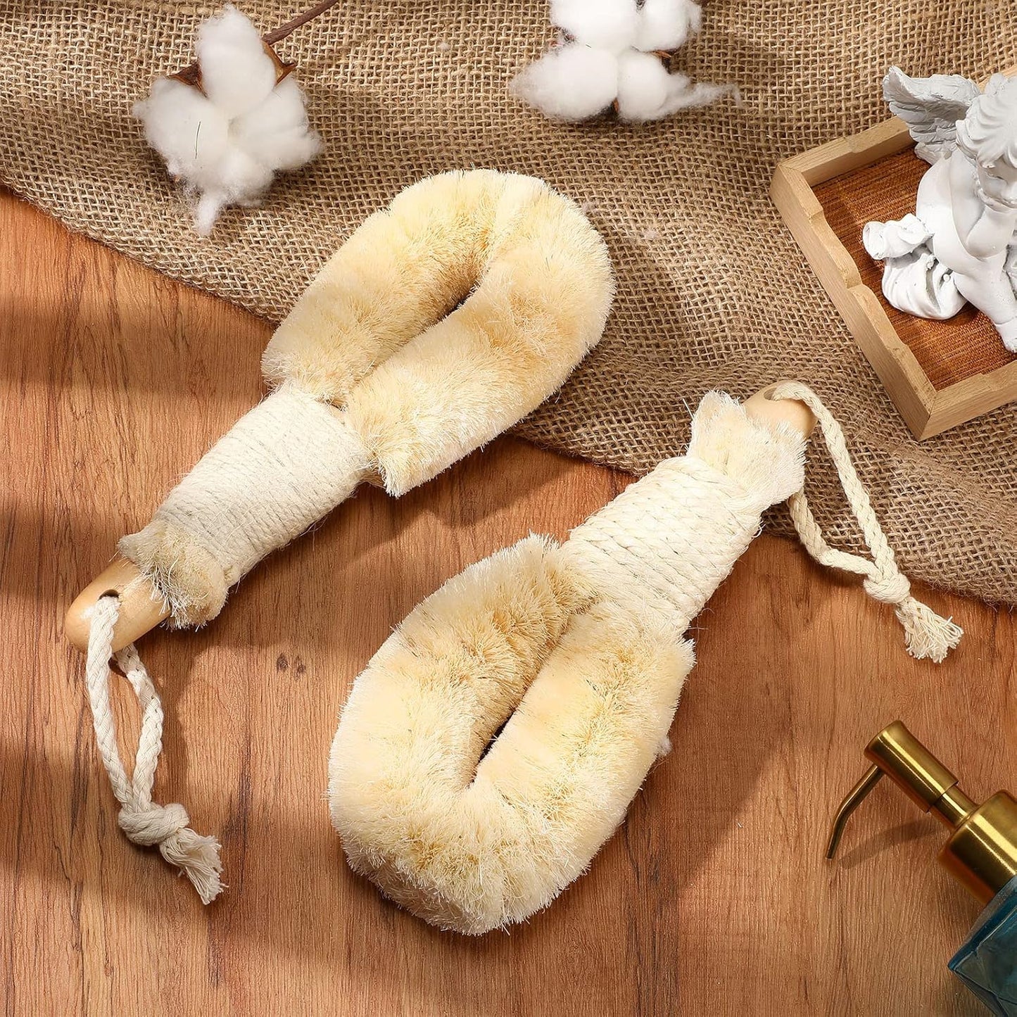 2 Pcs Dry Brushing Sisal Body Brush, Natural Bristle with Fibers Scrubber, Dry Skin Exfoliating Bath Shower for Skin Care