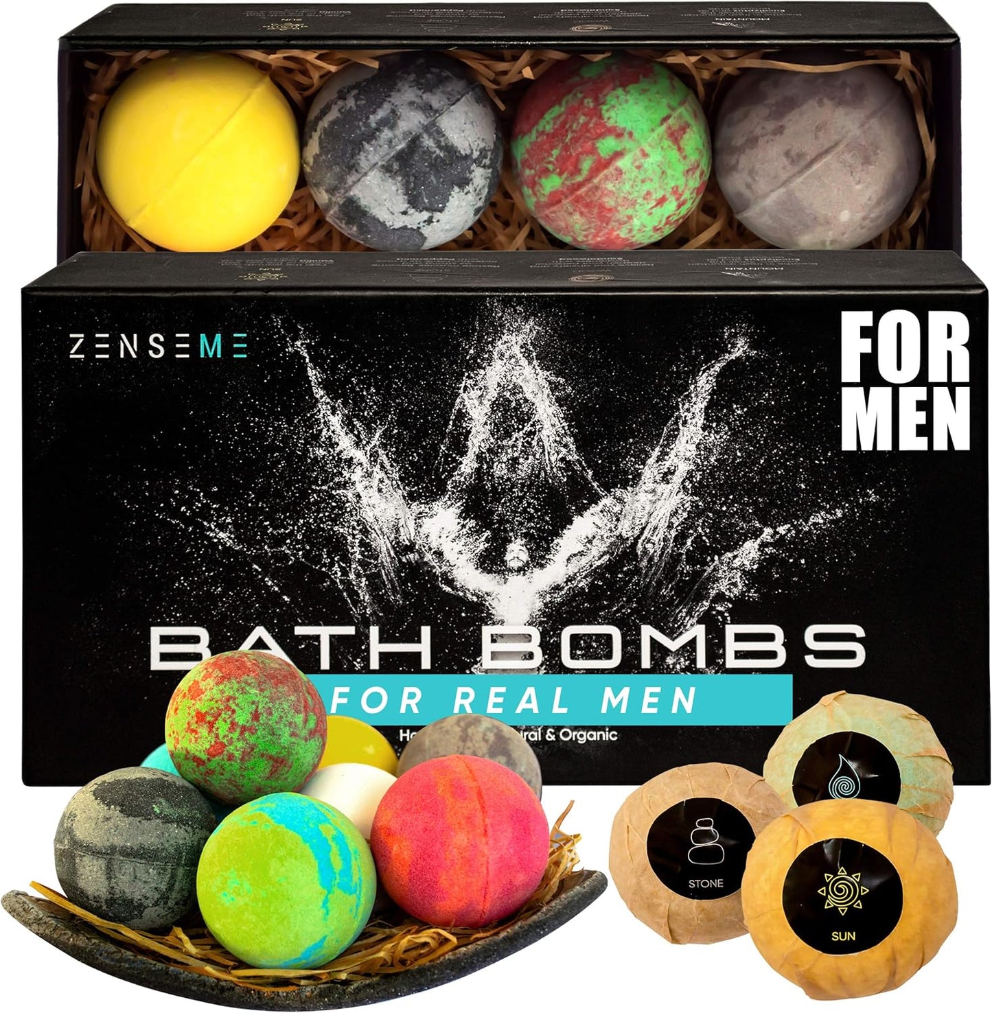 Bath Bombs for Men, Gift Set of 8 Scented Organic Handmade Bath Bombs of 2.5 oz with Natural Essential Oils for Boyfriend, Husband, Father or Friend, by ZenseMe