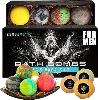 Bath Bombs for Men, Gift Set of 8 Scented Organic Handmade Bath Bombs of 2.5 oz with Natural Essential Oils for Boyfriend, Husband, Father or Friend, by ZenseMe