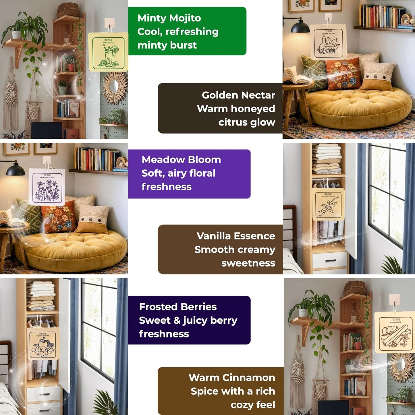 Scented Sachets for Drawer and Closet Freshener with Long Lasting Scent - Variety Pack of 6 - Frosted Berries|Cinnaspice|Vanilla Essence|Minty Mojito|Meadow Bloom|Golden Nectar - Home Fragrance