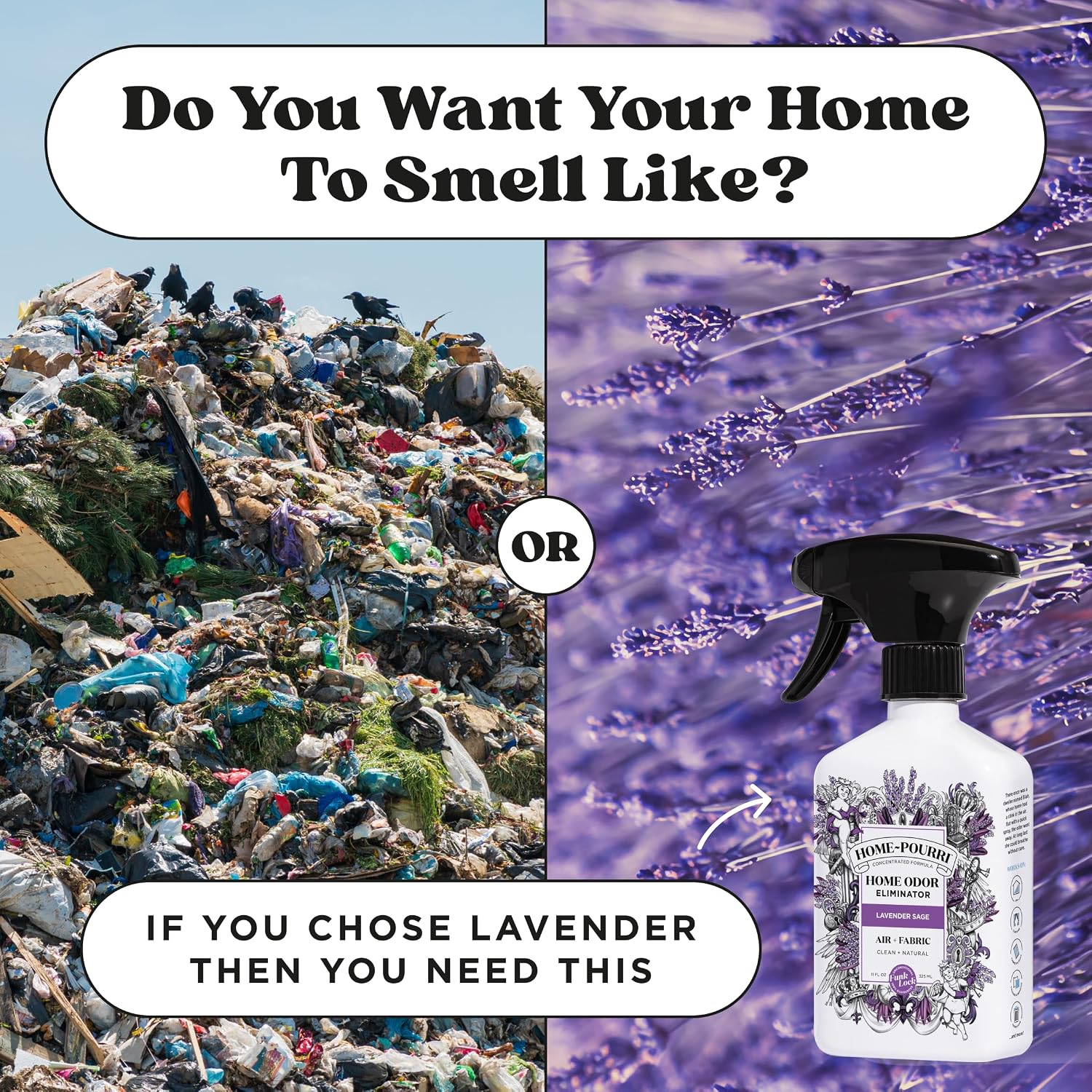 Home-Pourri Air + Fabric Multi-Purpose Odor Freshener Spray, 11 Fl Oz, Up to 570 Uses, Lavender Sage Scent, Room Deodorizer with Essential Oils, for Carpets, Couches, Bedding & Curtains