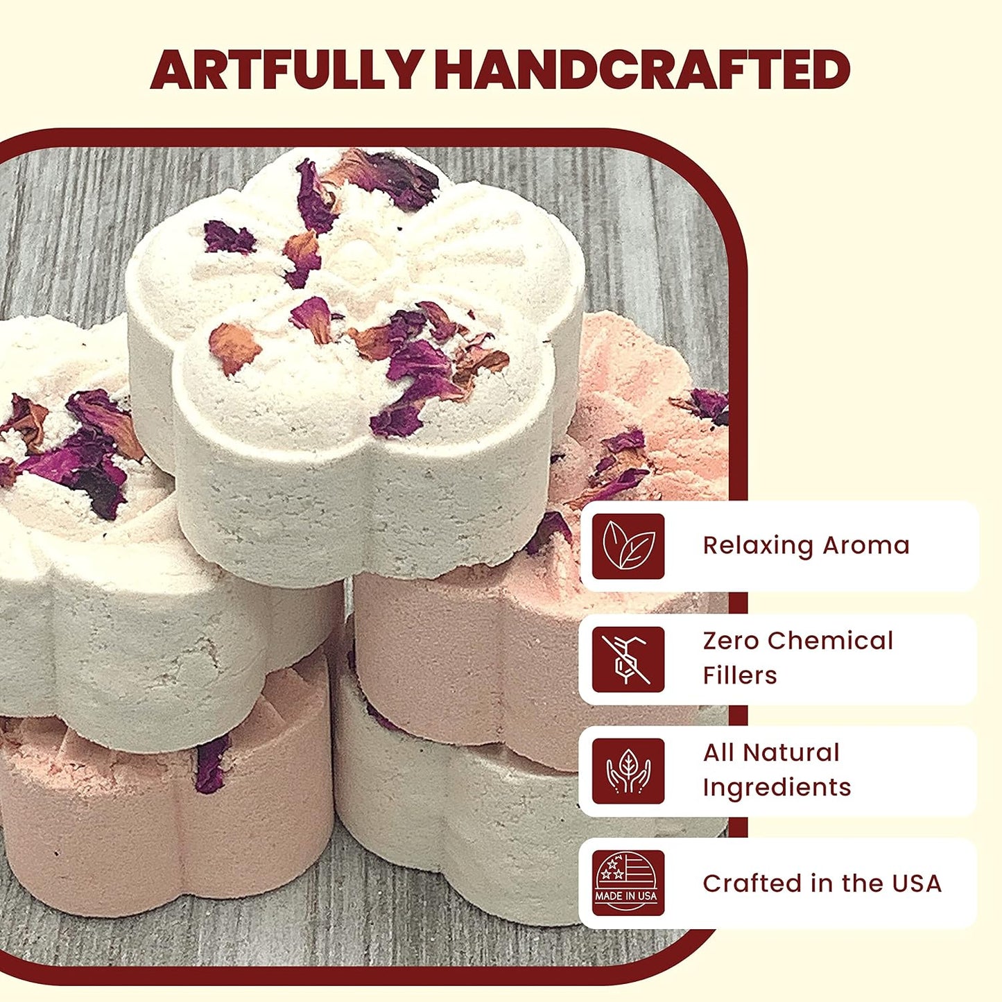 LOVE POTION #MINE Melting Shower Bombs w/Rose Petals (5PK) - Ylang Ylang, Jasmine, Vanilla Romance Essential Oil Blend – Christmas Gifts for Women – Self Care and Relaxation – Stress Relief