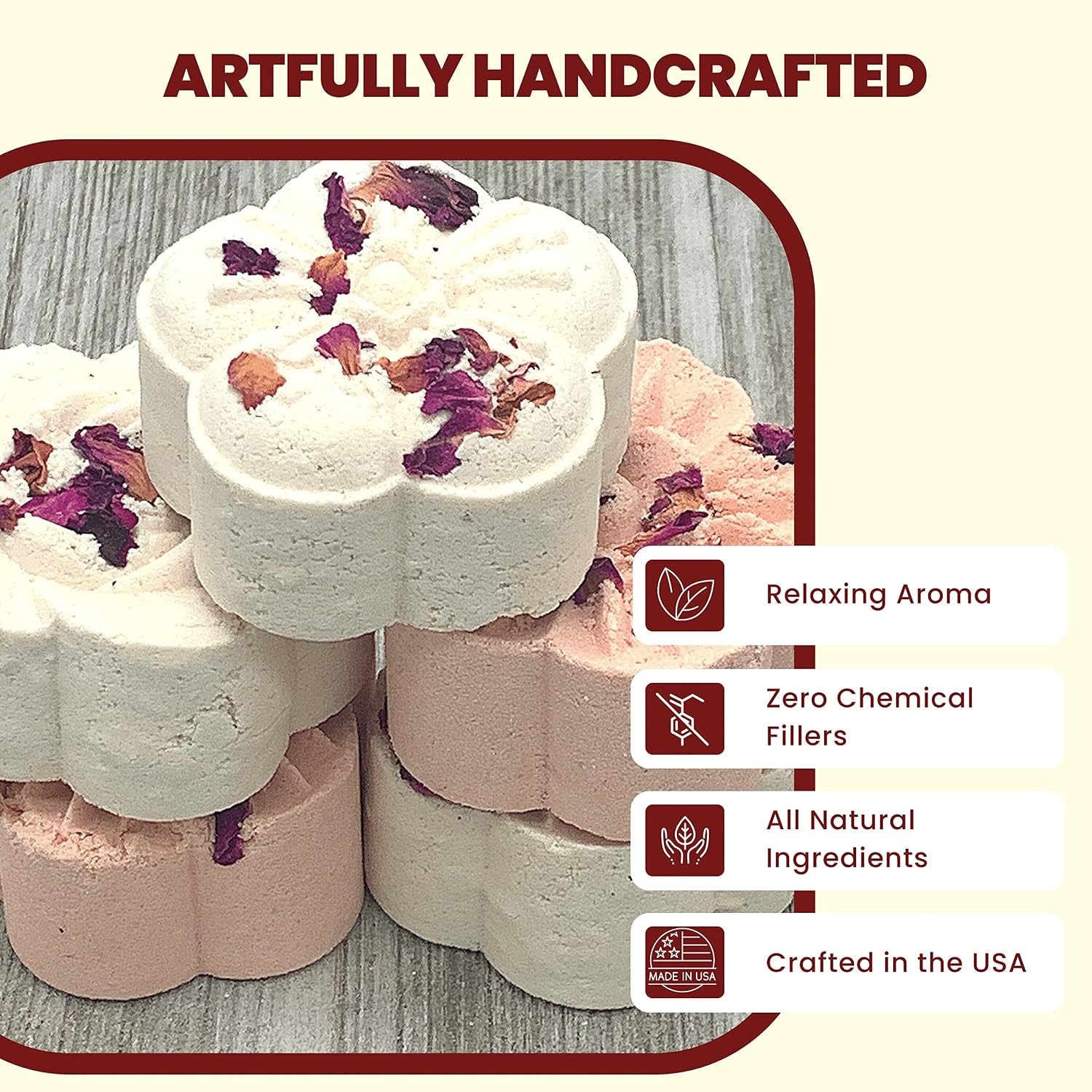 LOVE POTION #MINE Melting Shower Bombs w/Rose Petals (5PK) - Ylang Ylang, Jasmine, Vanilla Romance Essential Oil Blend – Christmas Gifts for Women – Self Care and Relaxation – Stress Relief