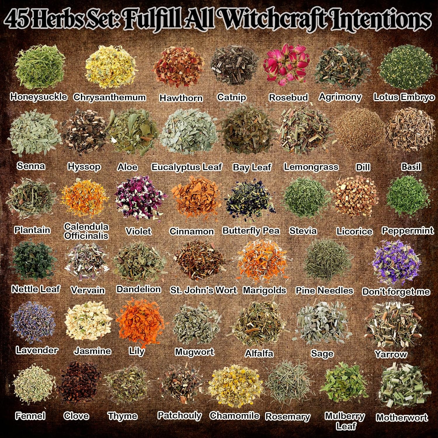 45PCS Herbs for Witchcraft - Wiccan Supplies and Tools - Witchcraft Supplies Dried Flowers Kit for Witch Beginner, Wicca Altar Supplies, Magic Spell, with Witchy Spoon, Witchy Gifts for Women