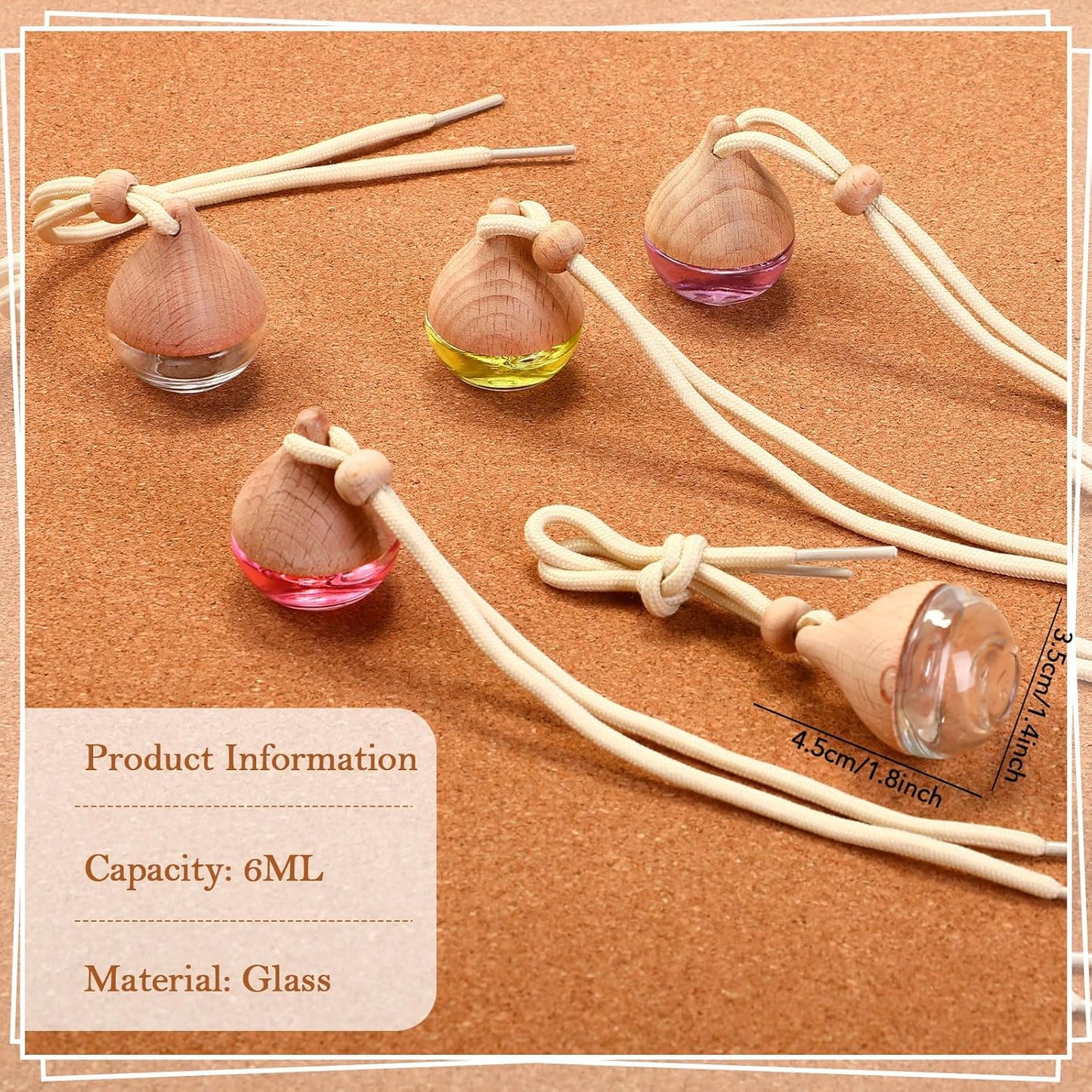 Rtteri 100 Pcs Hanging Car Air Freshener Diffuser Bottles Empty Glass Perfume Diffuser Vials Refillable Oil Aromatherapy Pendant with Wooden Caps and Hanging String for Car Home Office Decor(Drop)