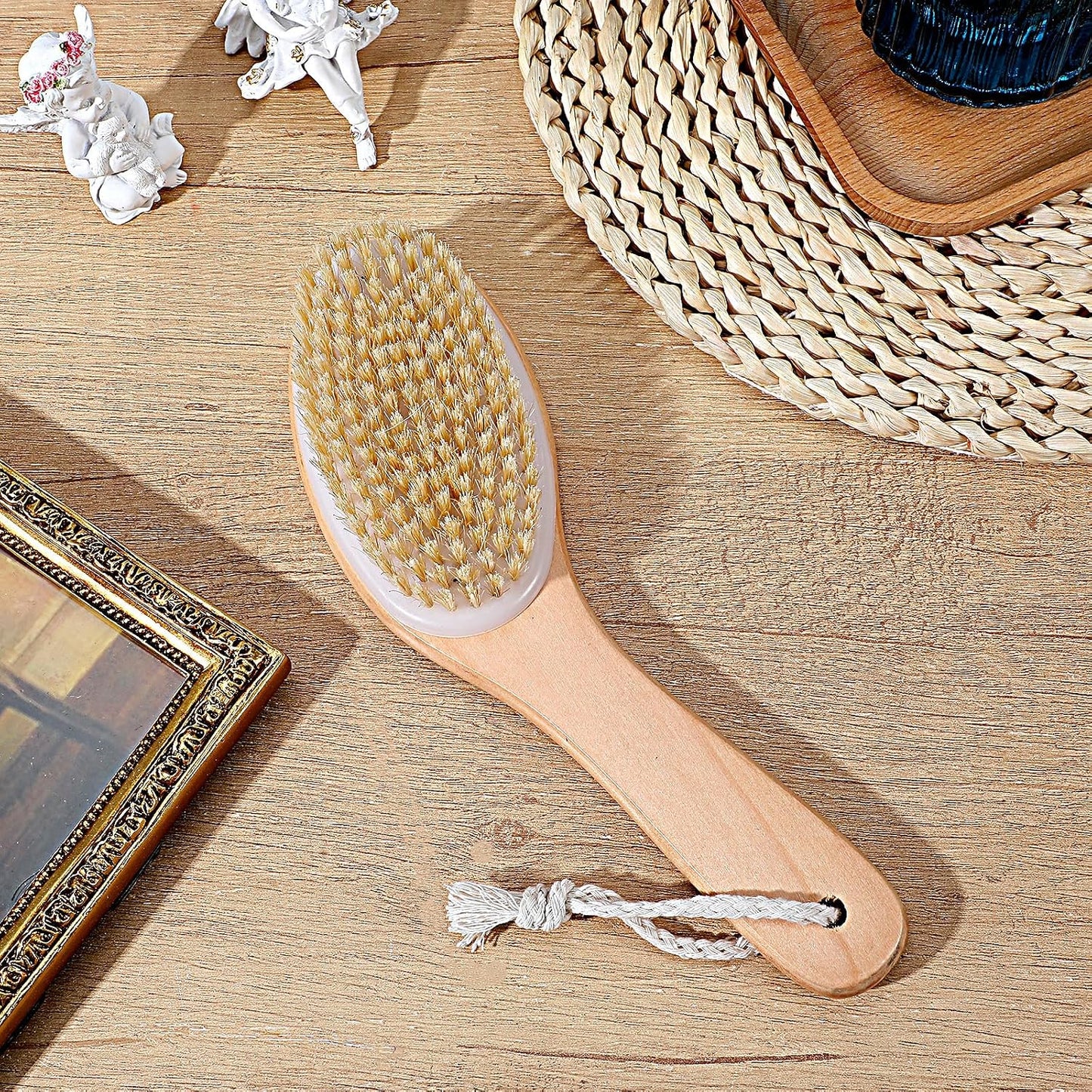 8 Pcs Dry Brushing Body Brush, Body Scrub Brush Natural Boar Bristle with Contoured Wooden Handle for Back Legs Feet Exfoliates Dead Skin