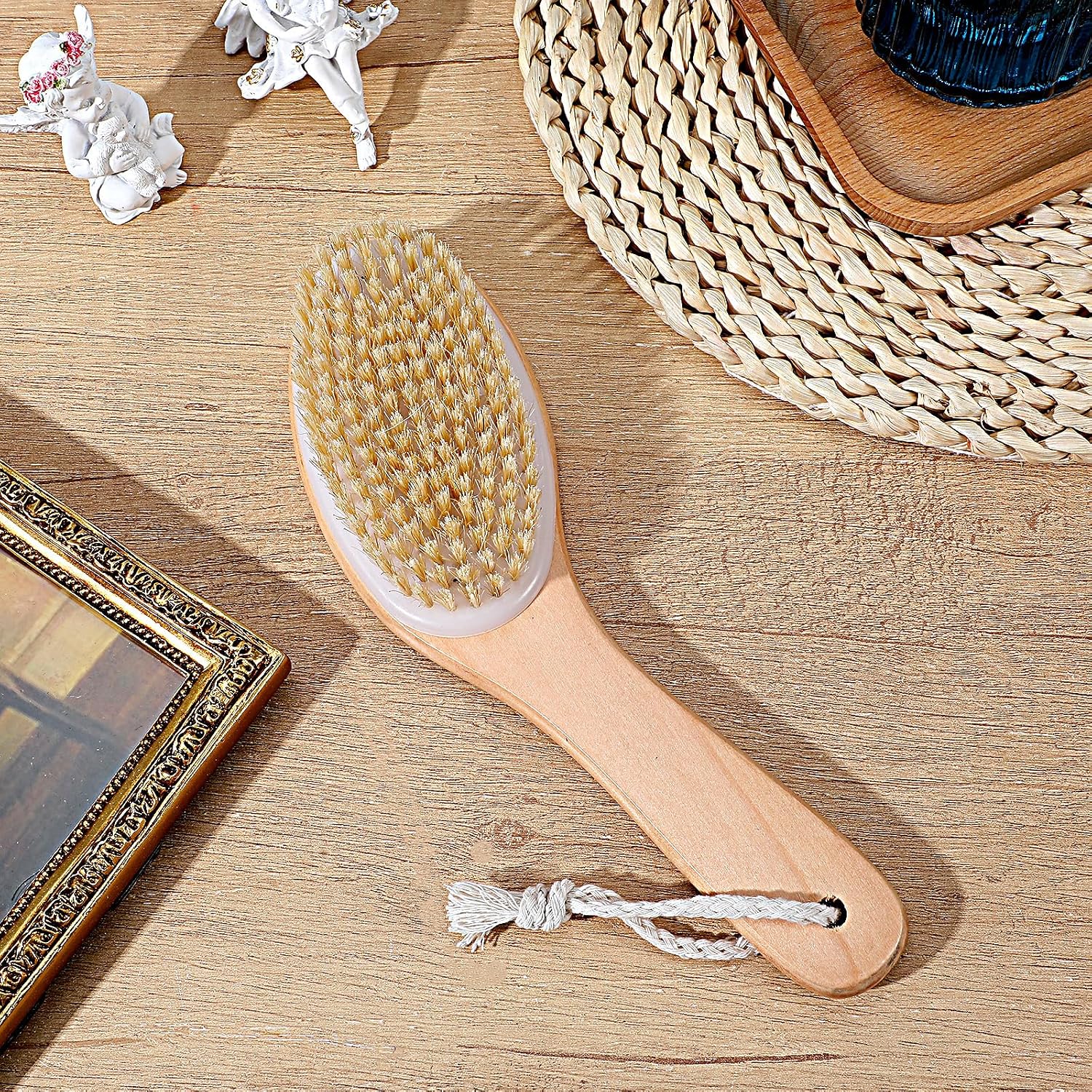 8 Pcs Dry Brushing Body Brush, Body Scrub Brush Natural Boar Bristle with Contoured Wooden Handle for Back Legs Feet Exfoliates Dead Skin