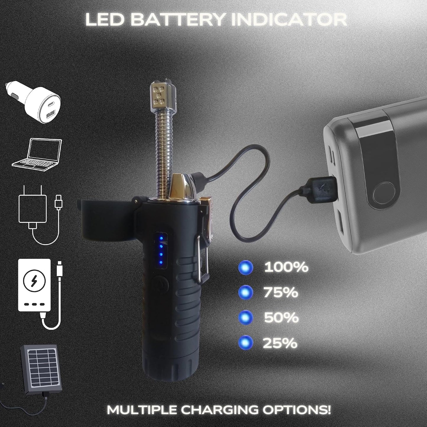 TrueLightEssentials Electric Rechargeable Plasma Lighter - Waterproof USB Arc Lighters with Flashlight LED Battery Indicator and Flexible Neck for Candle Survival Camping Emergency (Black, Long)