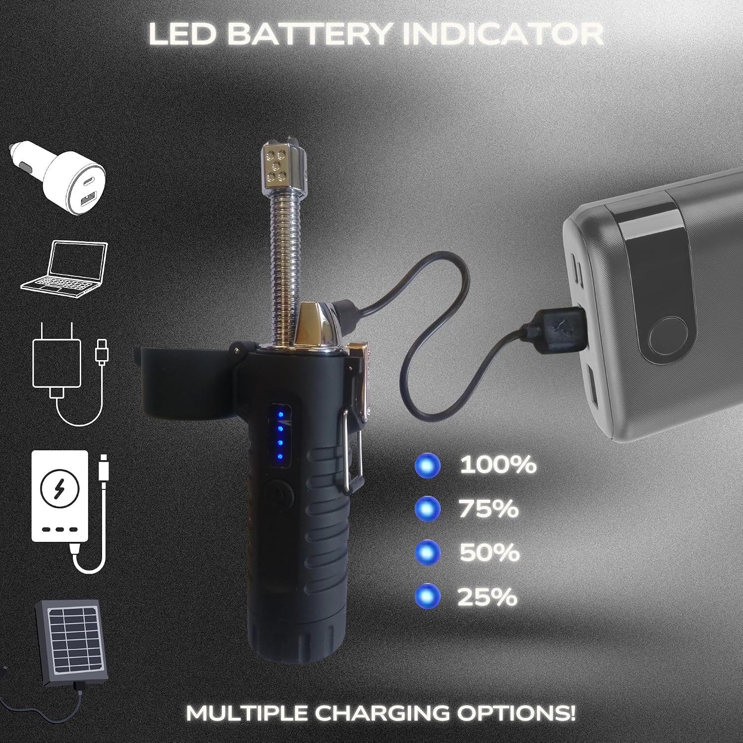 TrueLightEssentials Electric Rechargeable Plasma Lighter - Waterproof USB Arc Lighters with Flashlight LED Battery Indicator and Flexible Neck for Candle Survival Camping Emergency (Black, Long)