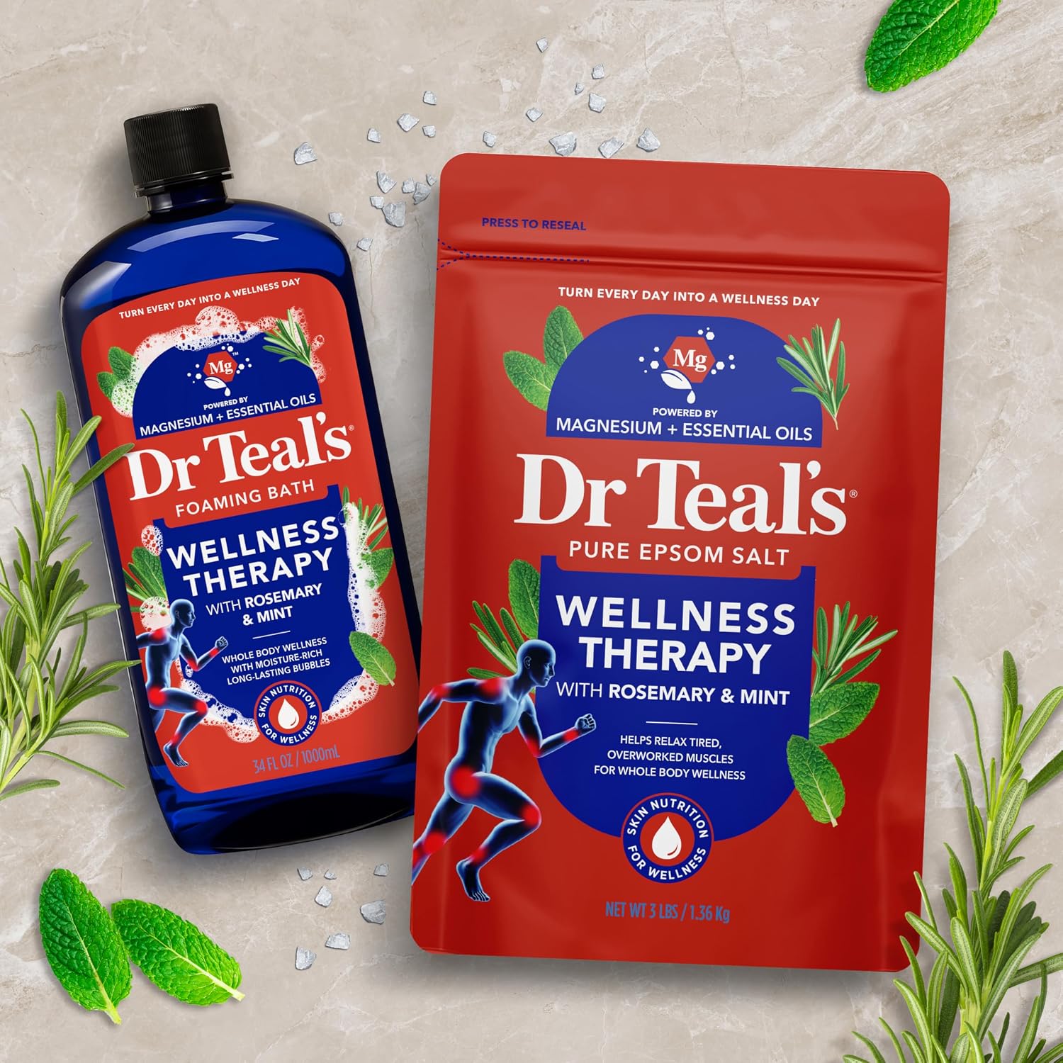 Dr Teal's Epsom Salt Magnesium Soak, Wellness Therapy with Rosemary & Mint, 3 lbs