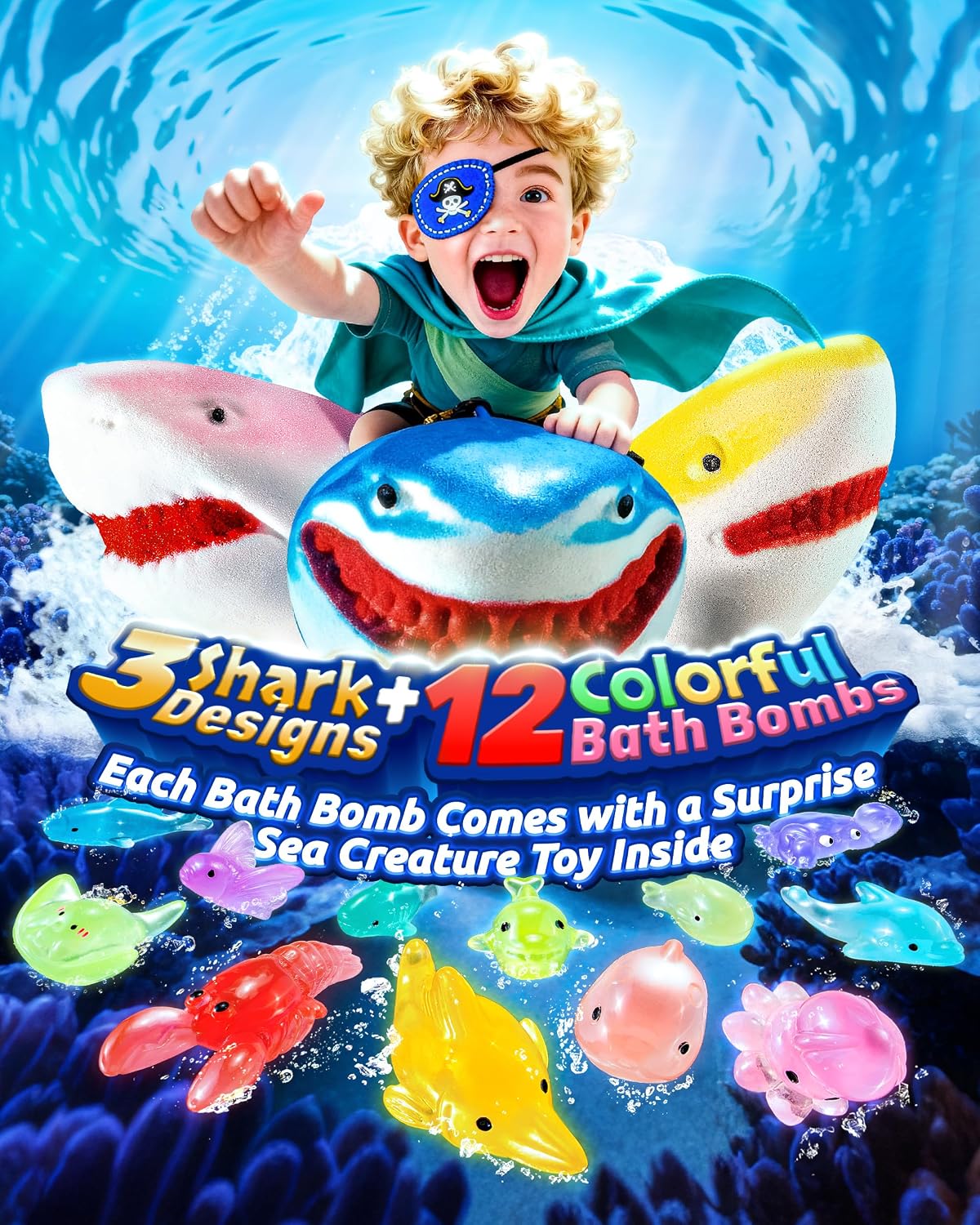 Shark Bath Bombs for Kids with Surprise Inside – 12 Pack Handmade Natural Clean Shower Bombs with Glow-in-The-Dark Ocean Toys, Great Christmas, Holiday & Birthday Gift for Boys Girls Kids Toddlers