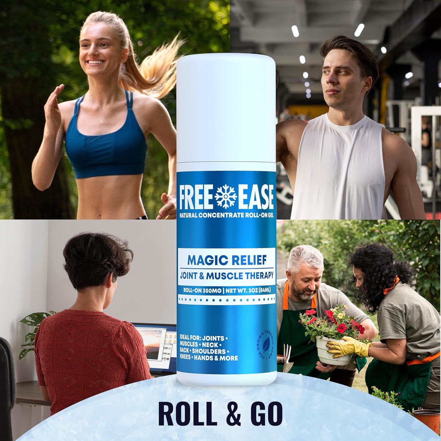 FREE EASE Magic Relief Roller - Light Solution | Roll On Gel for Muscle Recovery, Joint, Back, Shoulder, Knee & Neck Support | Fast Acting Menthol Topical Gel Roll On - Made in USA