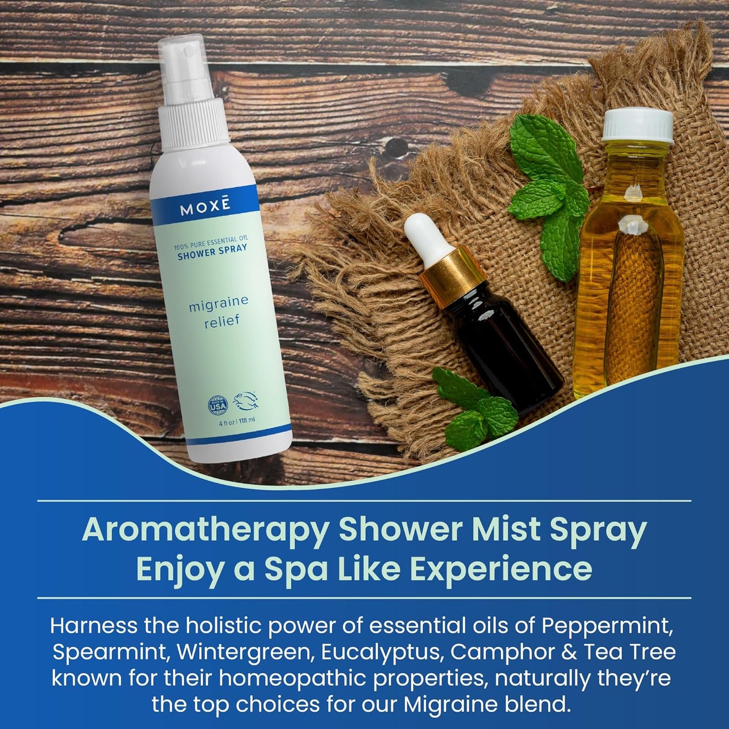 MOXE Migraine Relief Aromatherapy Shower Spray, Essential Oils for Headaches & Tension Relief, Natural 100% Essential Oils, Pure & Undiluted, Peppermint, Spearmint, Eucalyptus, Tea Tree, Made in USA
