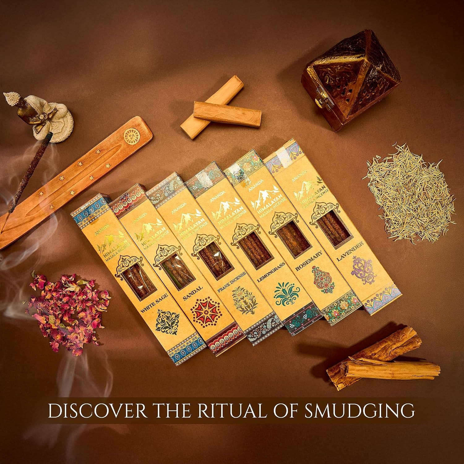 Himalayan Masala Smudge Incense | Patchouli, White Sage, Rosemary, Lemongrass, Sandalwood, Lavender | 60 Sticks + 6 Dhoop | Handcrafted for Meditation, Puja & Cleansing