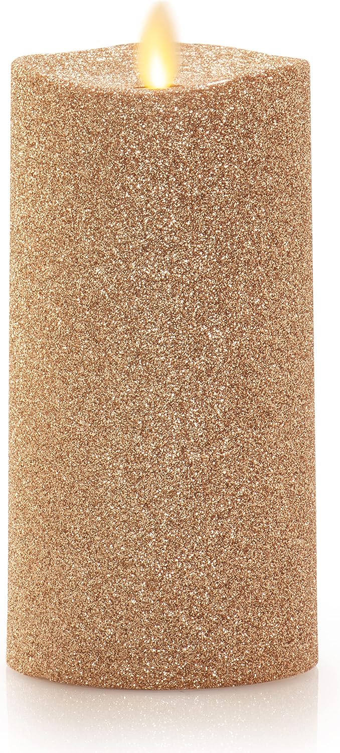 Luminara Realistic Artificial Flame Gold Glitter Pillar Candle - Moving Flame LED Battery Operated Lights - Unscented - Remote Ready - Remote Sold Separately - 3" x 6.5"