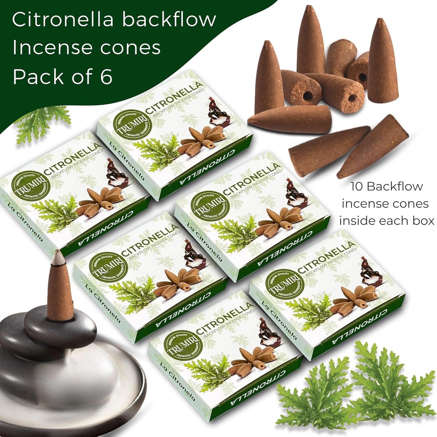 Citronella Backflow Incense Cones - 60 TotalIncense Waterfall Cones - 6 Packs (10 Each)
