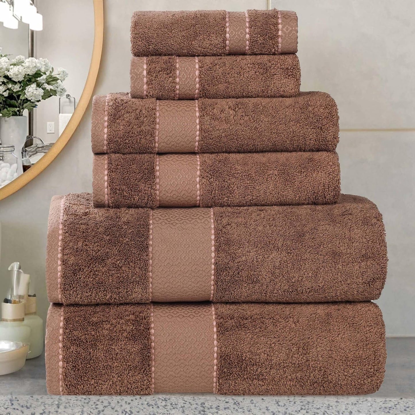 Superior Egypt Produced Giza Cotton 6 Piece Towel Set, Luxury Plush Bathroom Essentials, Quick Dry, Shower, Spa, Soft, Includes 2 Bath, 2 Hand, 2 Washcloth/Face Towels, Niles Collection, Chocolate
