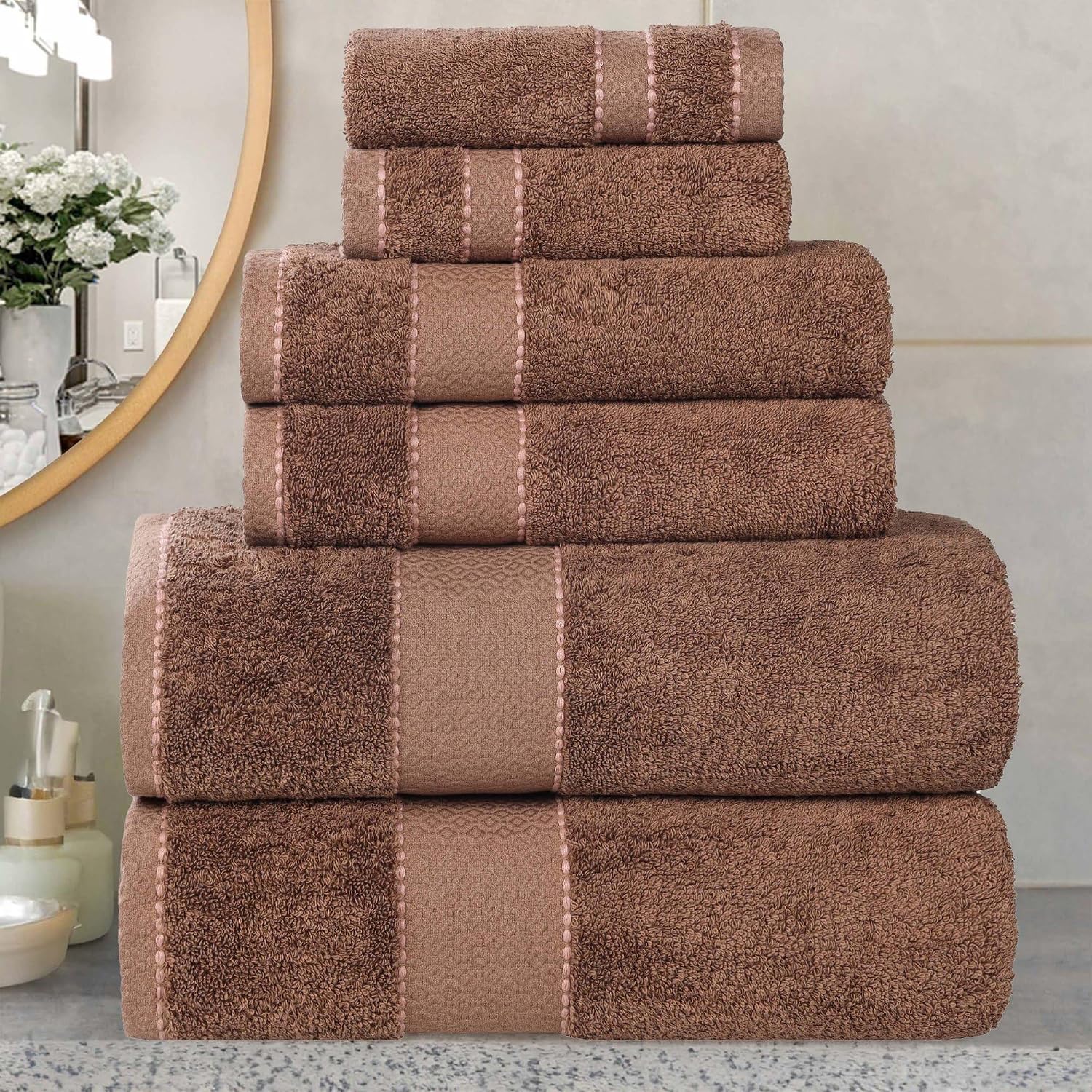 Superior Egypt Produced Giza Cotton 6 Piece Towel Set, Luxury Plush Bathroom Essentials, Quick Dry, Shower, Spa, Soft, Includes 2 Bath, 2 Hand, 2 Washcloth/Face Towels, Niles Collection, Chocolate