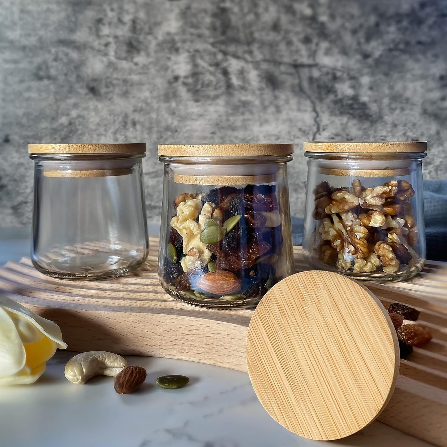 Oui Bamboo Wood Yogurt Jar Lids - 12 Pcs, Leak Proof, Equipped With Silicone Sealing Ring