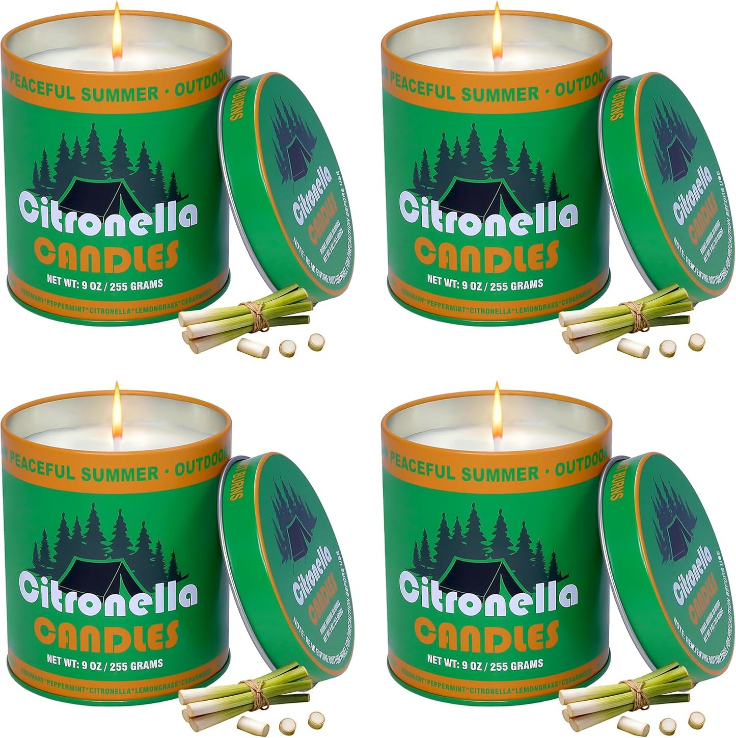 4 Pack Citronella Candles, 9oz Natural Soy Wax Scented Candles for Outdoor, Patio, Camping, and Garden, Long Lasting Portable Candles in Tin Container, Summer Party Ambiance