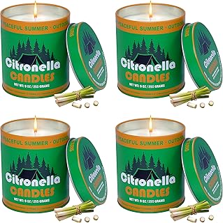 4 Pack Citronella Candles, 9oz Natural Soy Wax Scented Candles for Outdoor, Patio, Camping, and Garden, Long Lasting Portable Candles in Tin Container, Summer Party Ambiance