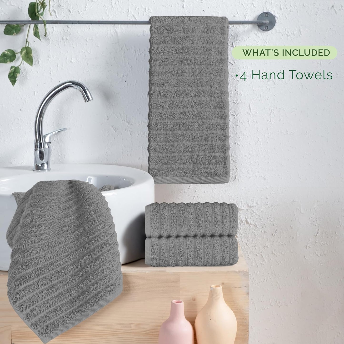 Elegant Comfort Luxury 100% Turkish Cotton Corduroy Ribbed 4 Pack Hand Towel Set 16 x 28 Inch - Absorbent, Super Soft, Quick Dry, Premium Towels for Bathroom, Gym, Spa and Hotel Use, Gray