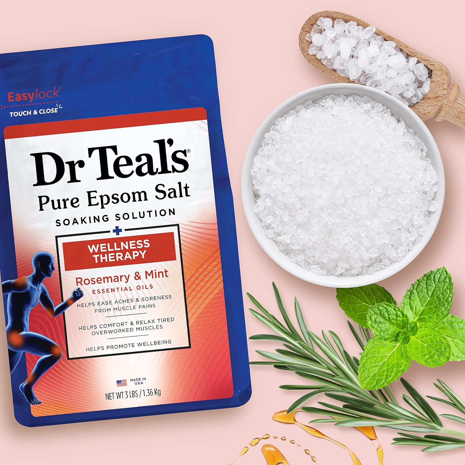 Dr Teal's Pure Epsom Salt Soak, Wellness Therapy with Rosemary & Mint, 3 lbs (Pack of 4)
