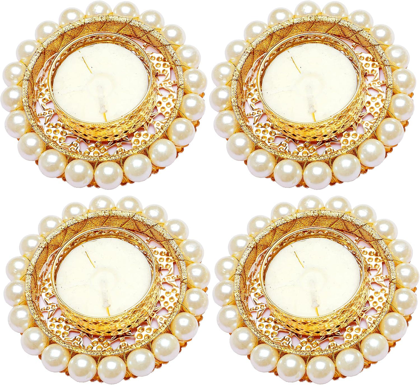 Set of 4 Pearl Moti Design T Light Holder Candle Stand Tealight T-Light Holder for Indian Festival Gifts New year Gifts Lighting Accessories Wedding Home Decor(Size:-3")(Without Wax)(White)