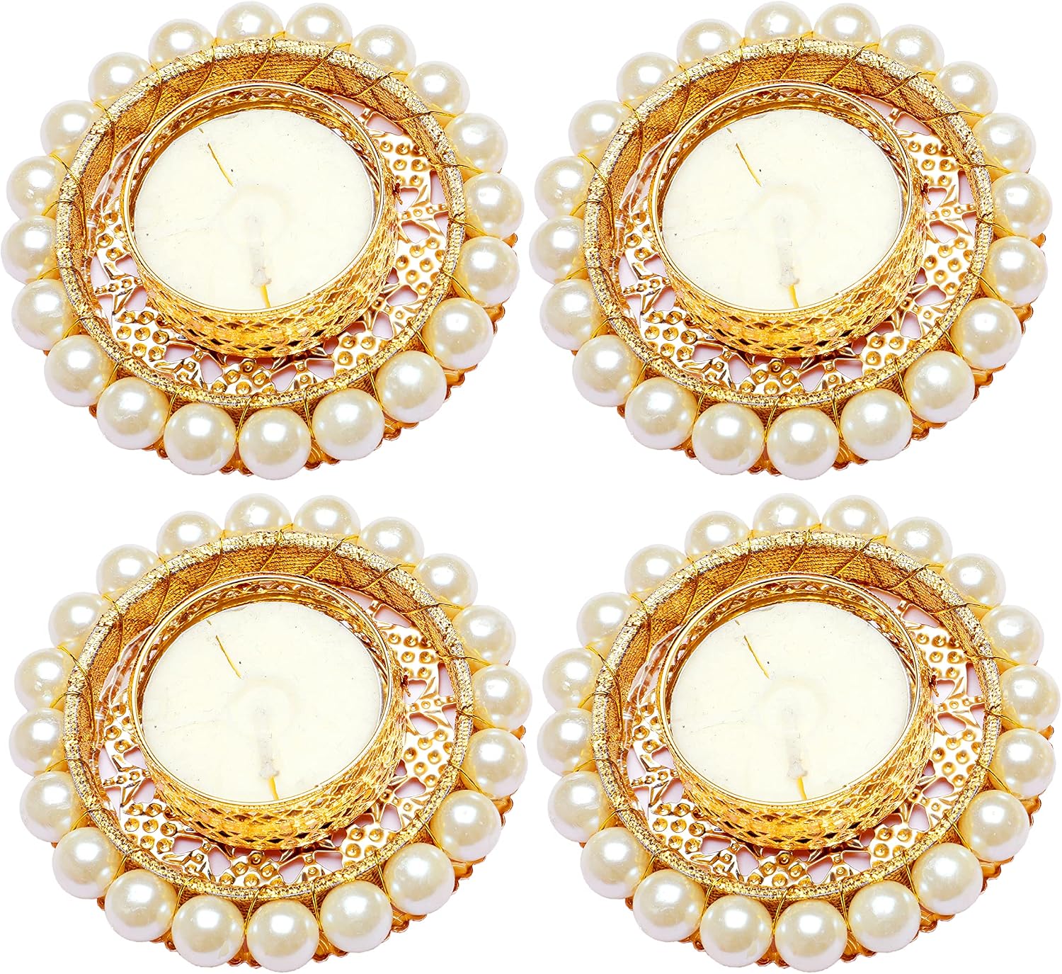 Set of 4 Pearl Moti Design T Light Holder Candle Stand Tealight T-Light Holder for Indian Festival Gifts New year Gifts Lighting Accessories Wedding Home Decor(Size:-3")(Without Wax)(White)