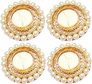 Set of 4 Pearl Moti Design T Light Holder Candle Stand Tealight T-Light Holder for Indian Festival Gifts New year Gifts Lighting Accessories Wedding Home Decor(Size:-3")(Without Wax)(White)