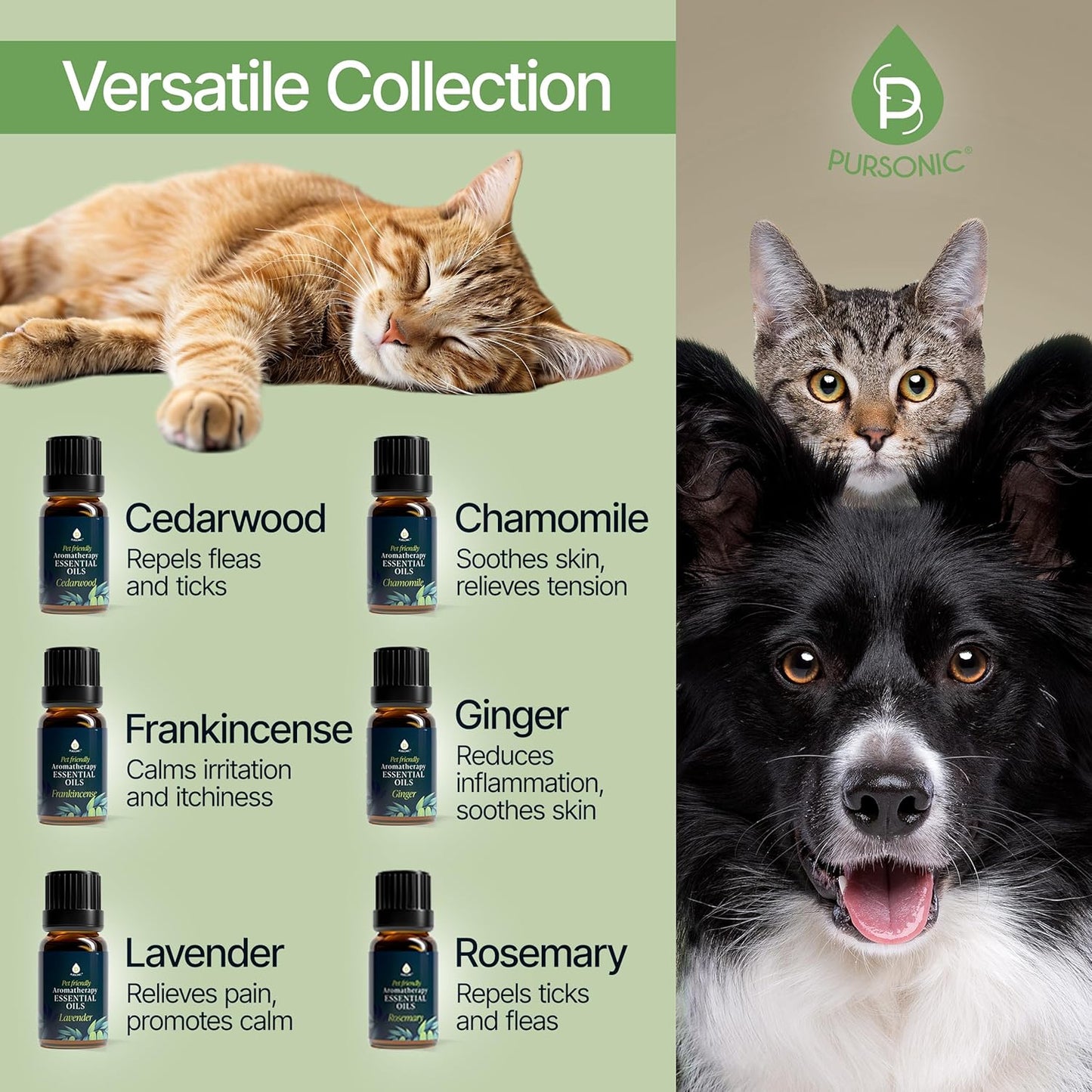 PURSONIC Pet Friendly Aromatherapy Essential Oils Collection, 6-Count - Safe for Dogs and Cats, Natural Relaxation and Stress Relief