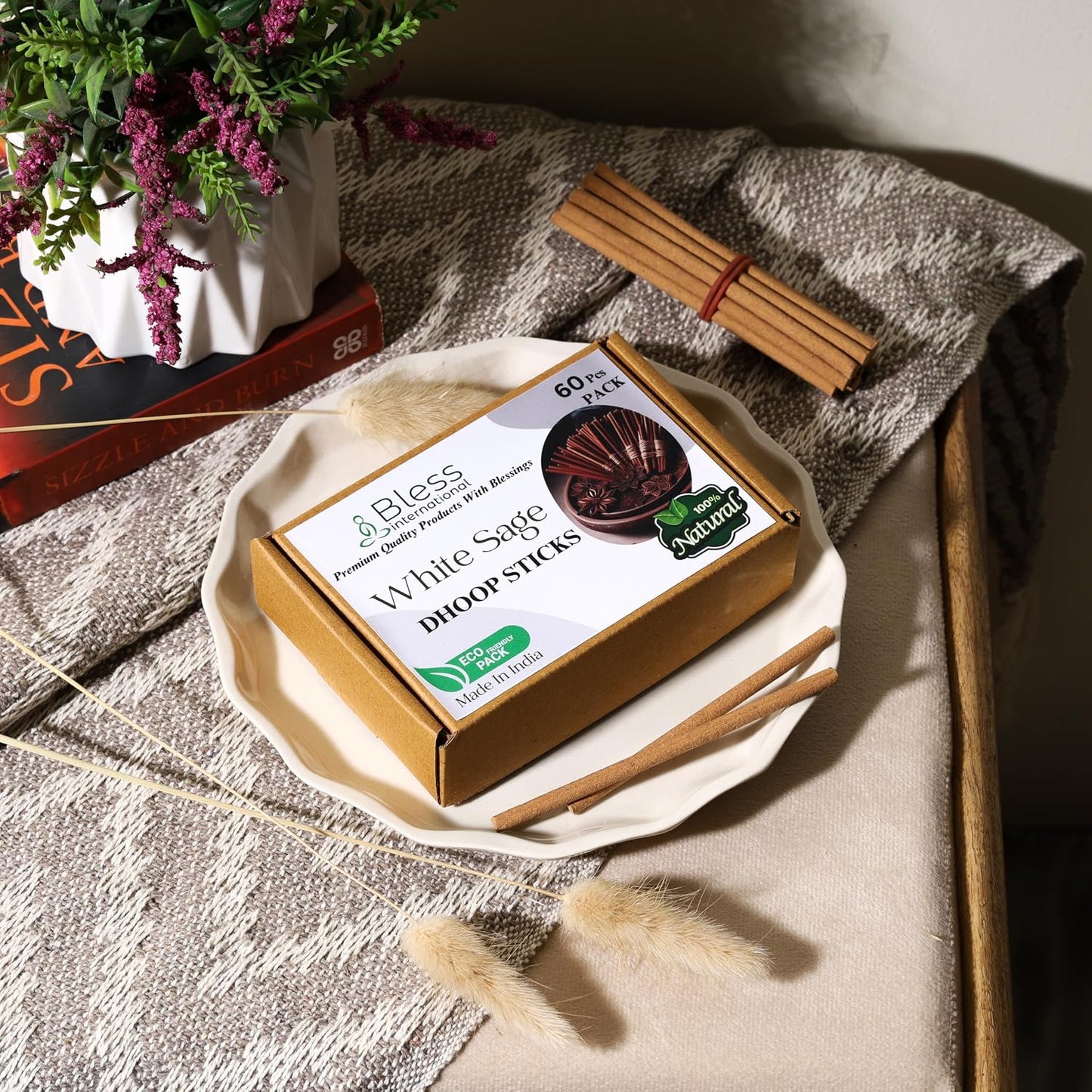 Bless-International White-Sage-100%-Natural-Incense-Bambooless-Dhoop-Sticks Handmade-Organic-Chemicals-Free for-Purification-Relaxation-Positivity-Yoga-Meditation The-Best-scents-4.5-Inches-60-Sticks