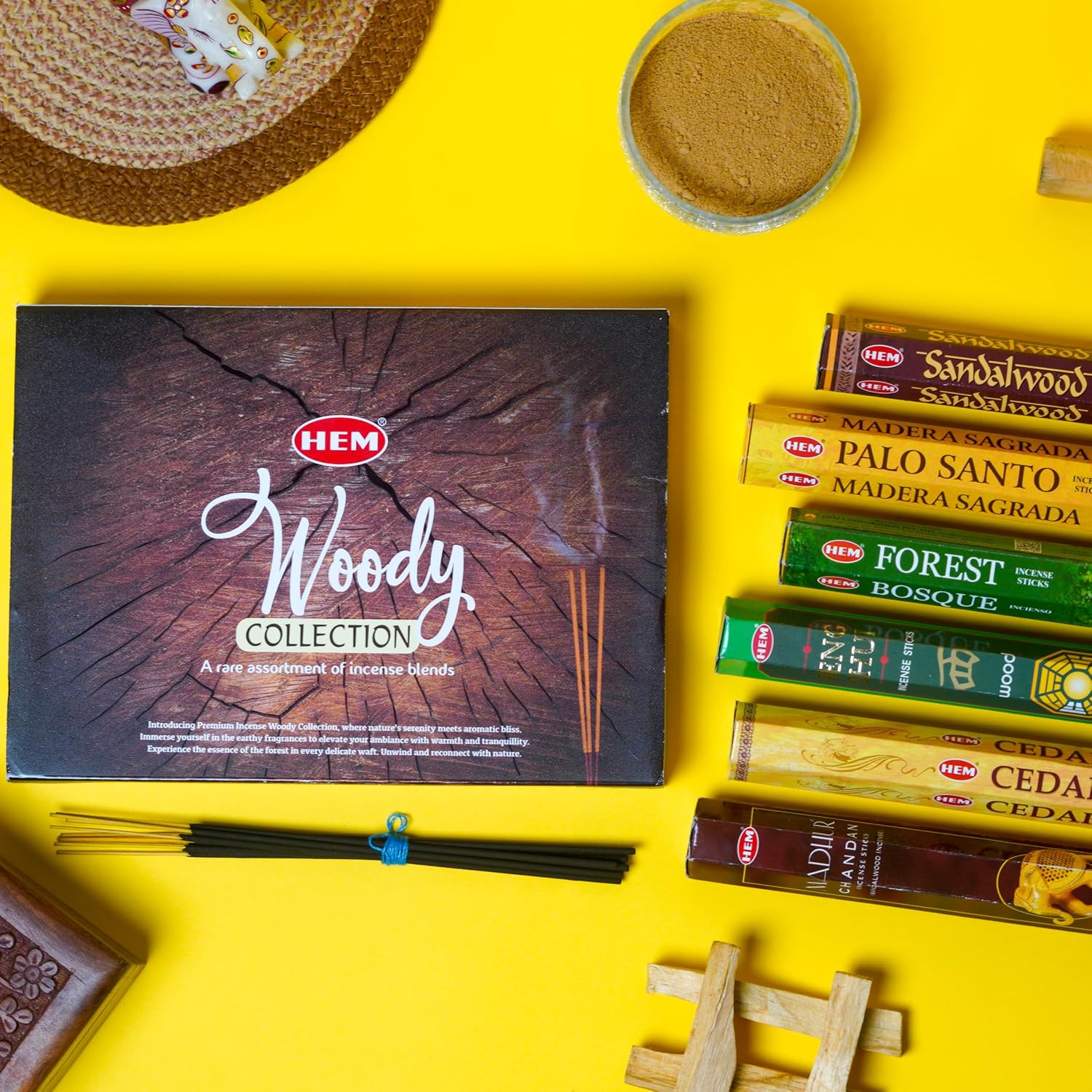 HEM Woody Series Premium Incense Sticks Combo | Sandalwood, Palo Santo, Forest, Feng Shui, Cedar & Madhur Chandan | 120 Sticks, 30-Minute Burn Time | Natural Aroma for Relaxation, Stress Relief