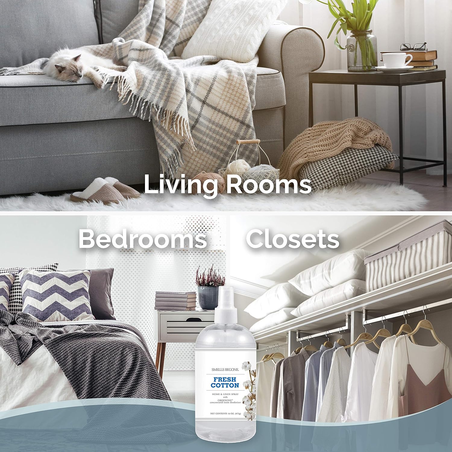 SMELLS BEGONE Air Freshener Home & Linen Spray - 16 oz, Pack of 2 - Odor Eliminator - Made with Essential Oils (Fresh Cotton)