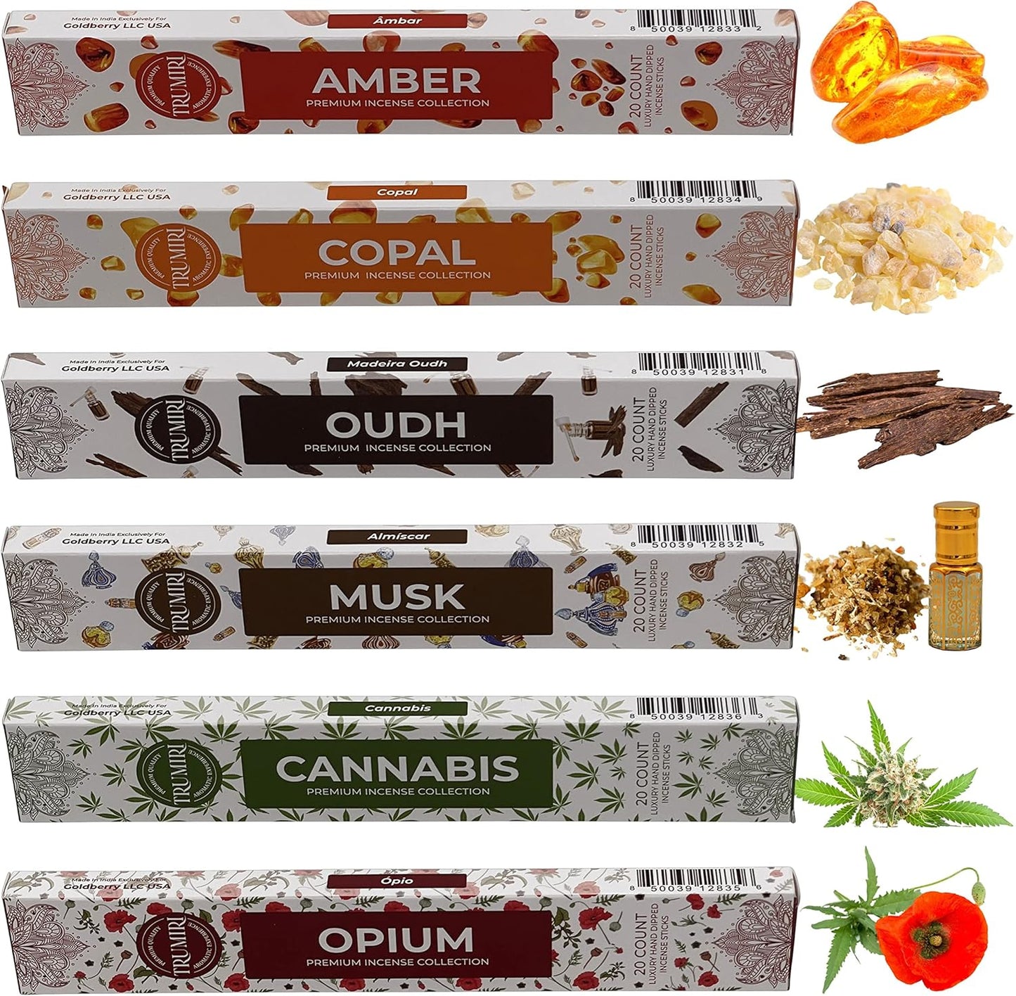 Exotic Incense Sticks Variety Pack - 120 Insence-Sticks (6 Incents x 20 Insense) - Copal Amber Oud (Agarwood) Musk - Natural Inscents-Sticks Non Toxic Incienso + Incense Holder for Men Women