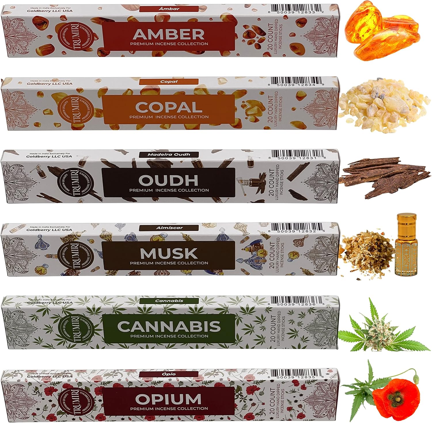 Exotic Incense Sticks Variety Pack - 120 Insence-Sticks (6 Incents x 20 Insense) - Copal Amber Oud (Agarwood) Musk - Natural Inscents-Sticks Non Toxic Incienso + Incense Holder for Men Women