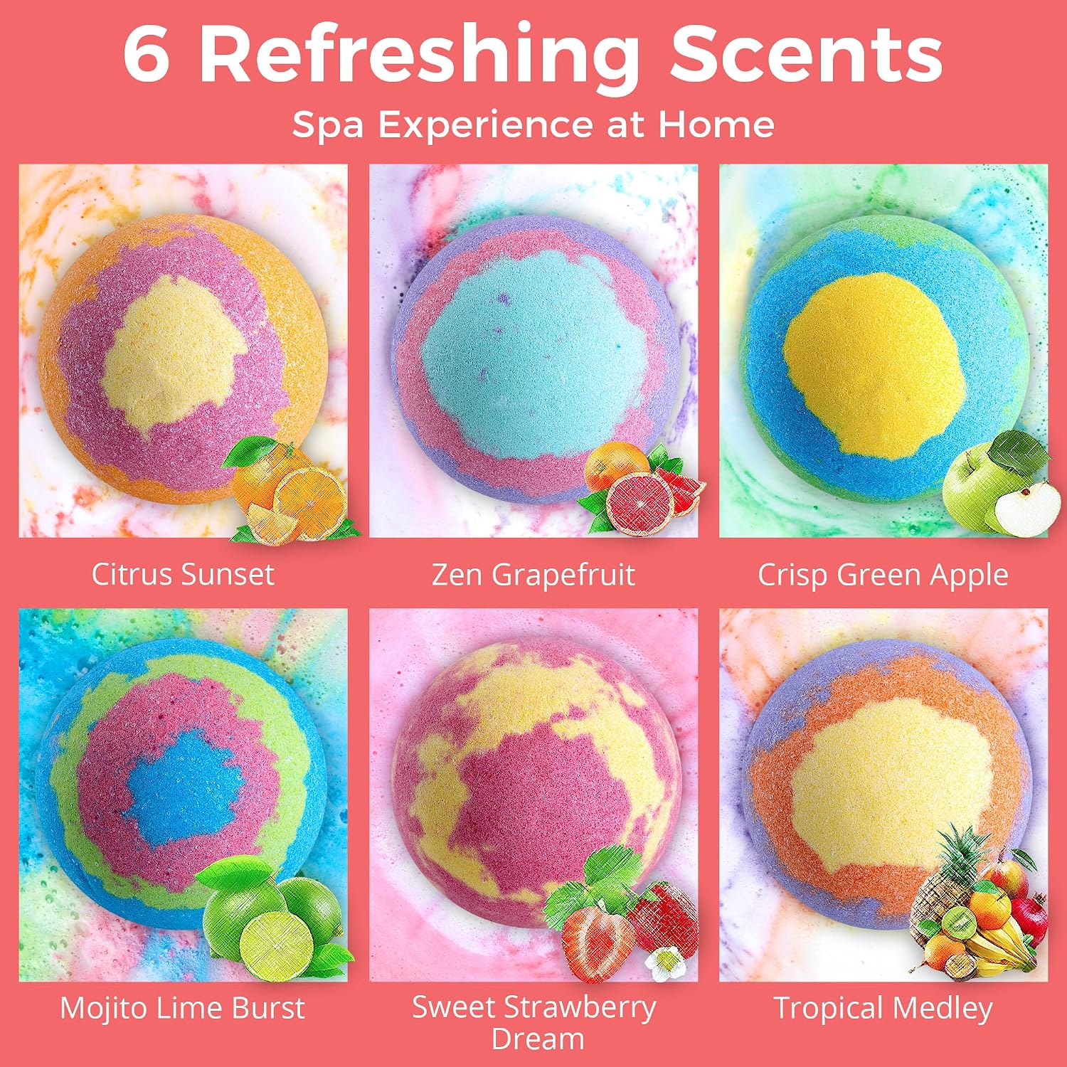 Extra Large 7 oz Bath Bombs for Women, 6 Jumbo Fizzies | 6 Fruit-Scented Jumbo 7 oz Bath Bombs, Colorful Swirls, Spa Self-Care Gift for Mom Wife, Each Includes One Hair Oil Capsule