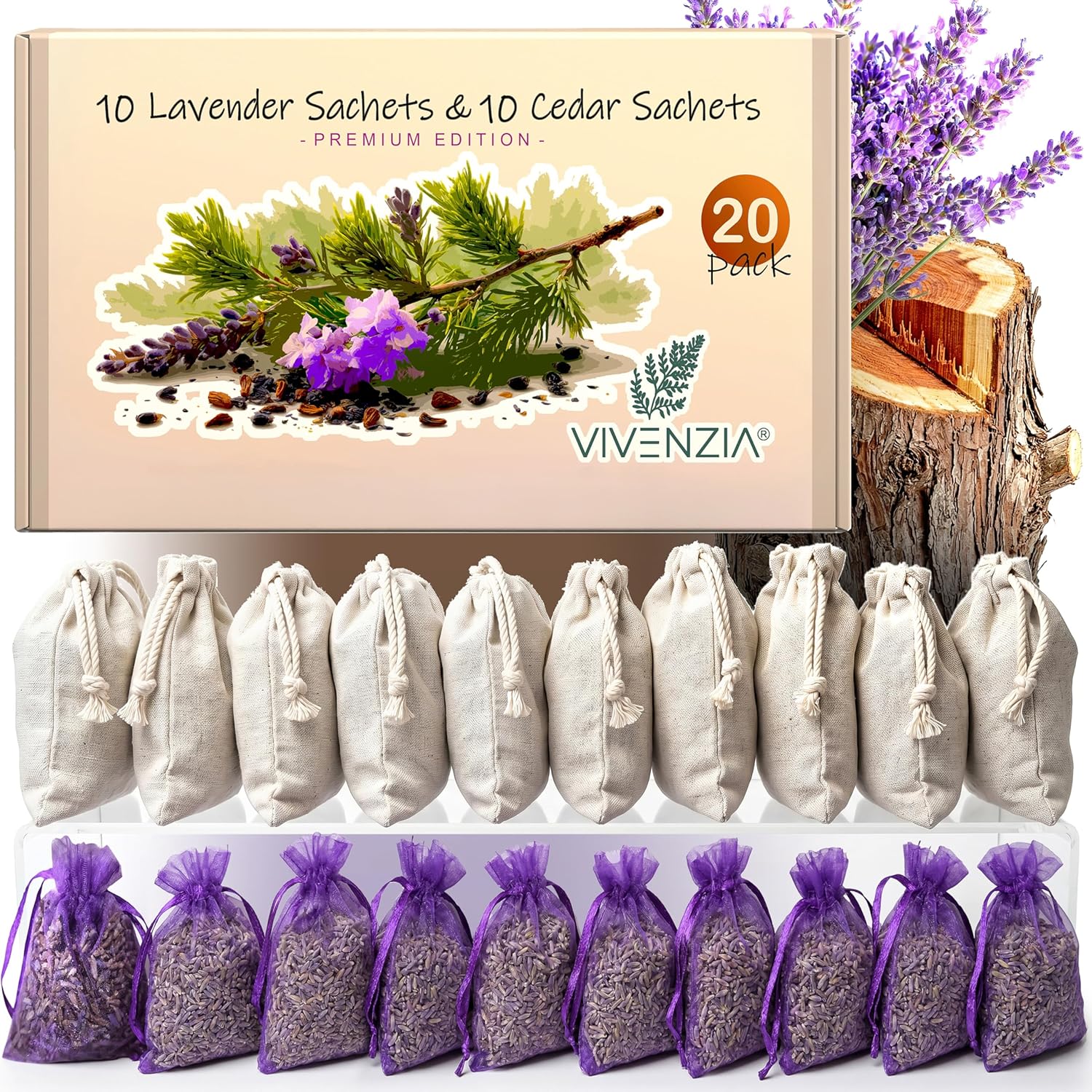 20 Pack Cedar Sachets & Lavender Sachets for Drawers and Closets- Cedar Chips for Clothes Storage- Dried Lavender Sachets for Clothes Storage- Drawer Fresheners for Dresser- Closet Deodorizer